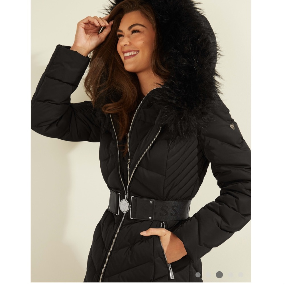Guess Sofia Belted Longline Coat Jet Black - Picture 9 of 14